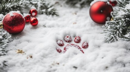 A paw print is in the snow next to a red ball and a bunch of red balls