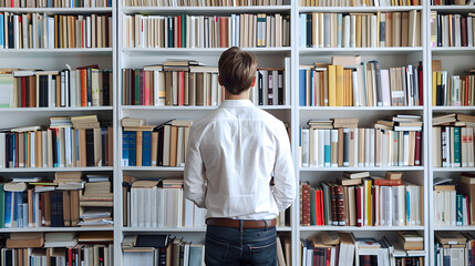 a young man stands before a bookshelf filled with books, immersed in study highlighted by white, photo, png