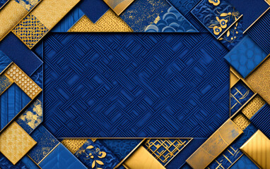 Poster - A vibrant blue and gold patterned background featuring geometric shapes, textures, and a central blank space for content or text.