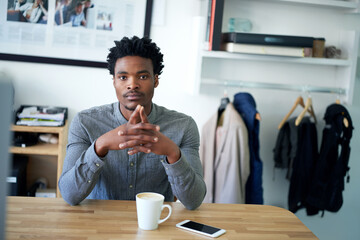 Aufkleber - Boutique, black man and confidence in portrait for fashion, manufacturing and clothes production. Workshop, business person and designer with startup for creative textile, serious or seller in office