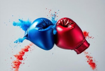 Red and blue boxing gloves touch each other against a white background