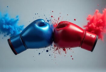 Red and blue boxing gloves touch each other against a white background