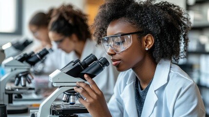 Poster - Young Female Scientist Examining Specimen Under Microscope