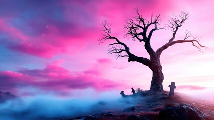 Wall Mural - solitary tree silhouette against a vibrant pink and purple sky at dusk.