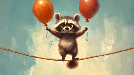 A cute raccoon balancing on a tightrope, holding red balloons against a bright blue sky.