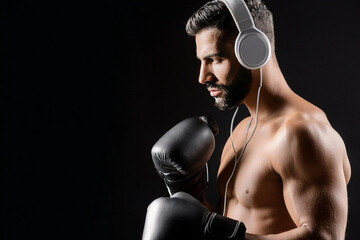 portrait of a boxing man wearing gloves, headphones on black background, flat lay, space for text