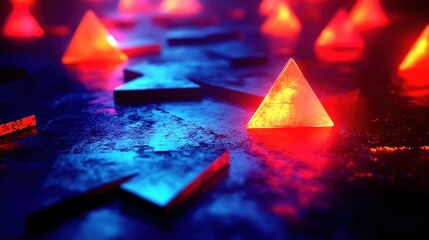 Wall Mural - Illuminated geometric shapes with vibrant colors on textured surface.