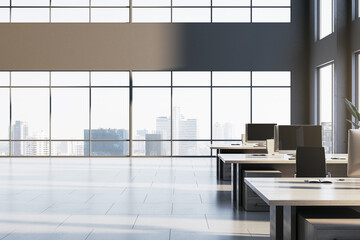 Poster - Spacious coworking office interior with panoramic windows, city view and daylight. 3D Rendering.