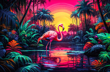 Neon Rainforest with a Flamingo at the Center watercolor vector painting art illustration
