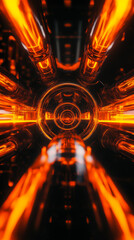 Poster - Dynamic orange light patterns emerge from a central glass structure in a dark environment