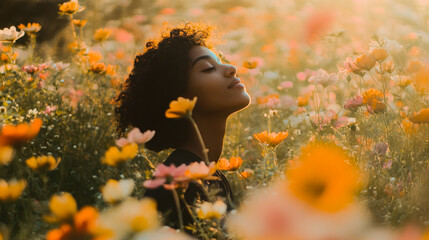 A woman enjoys a peaceful moment among colorful wildflowers during a serene evening in a blooming meadow