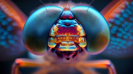 Microscopic view of a dragonfly's compound eyes, revealing vibrant geometric facets and intricate details in stunning clarity under a biological microscope.