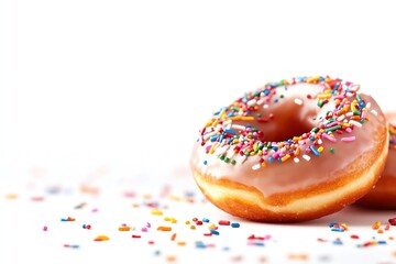 Delicious glazed donut with colorful sprinkles on a white isolated background.