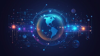 Wall Mural - global connection in 3d: a digital illustration of earth with a network of light and data