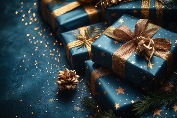 Blue christmas present with gold bow on top on dark background with copy space