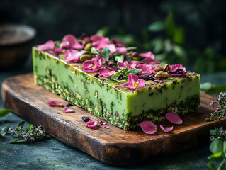 Delicious, vibrant green dessert garnished with pink flower petals on a rustic wooden board.