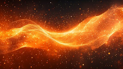 Abstract background in orange with particles and a network grid connected