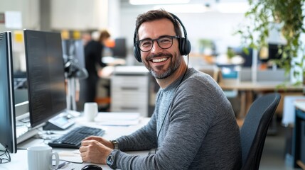 Poster - A man wearing glasses and headphones is smiling at the camera