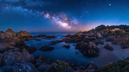 a rocky shoreline under a clear night sky, where stars and the galaxy create a celestial reflection 