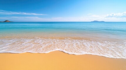 idyllic beach scene with golden sands and crystal-clear waters, evoking a sense of relaxation and vacation vibes under a bright blue sky