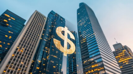 A modern city skyline with illuminated skyscrapers and a prominent dollar sign, symbolizing finance and commerce.