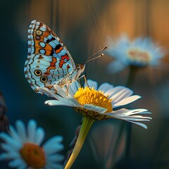 Poster - Colorful Butterfly on Daisy Flower in Soft Light
