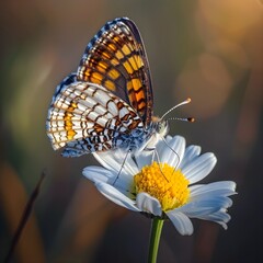 Aufkleber - Beautiful Butterfly on a White Daisy Flower