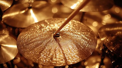 Close-up of a shimmering cymbal in action at a concert hall performance