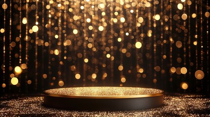 Poster - Podium stage Gold black display for award or products with background glitter lighting
