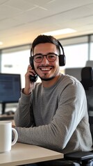 Aufkleber - A man wearing glasses and a gray shirt is smiling while talking on a cell phone