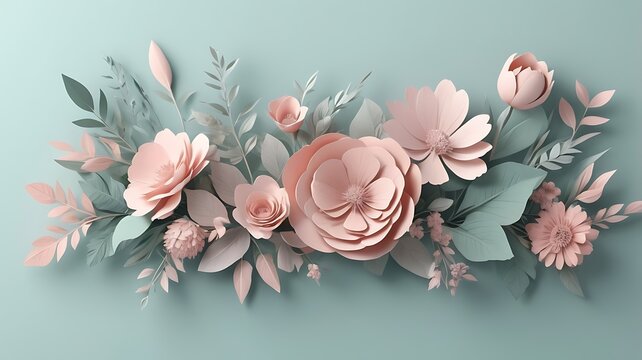 Design a refined floral border using minimalistic, pastel-colored foliage and blooms, with subtle details and spacing, suitable for a modern, nature-themed background or greeting car