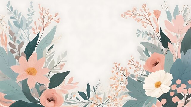 Design a refined floral border using minimalistic, pastel-colored foliage and blooms, with subtle details and spacing, suitable for a modern, nature-themed background or greeting car