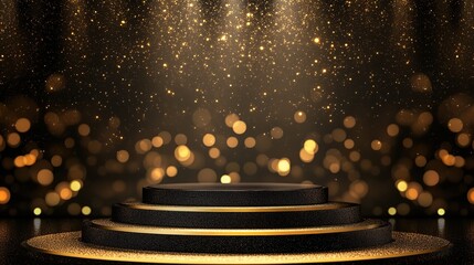 Poster - Podium stage Gold black display for award or products with background glitter lighting
