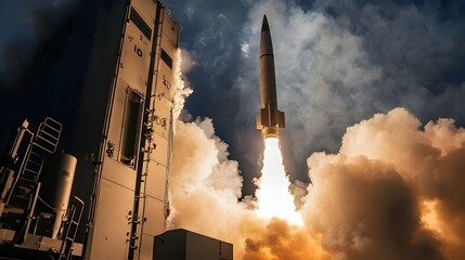 Aufkleber - A hypersonic interceptor missile rapidly detaches from a launch platform generating a powerful burst of smoke and flames as it accelerates towards a simulated target missile in low Earth orbit