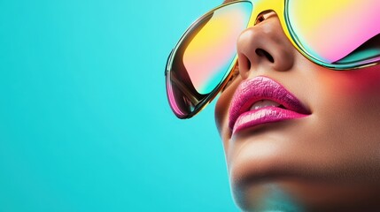 Closeup of a woman wearing stylish, vibrant mirrored sunglasses and bright lipstick, set against a bold turquoise backdrop. A modern and fashionable statement.