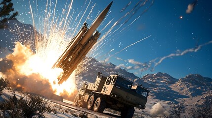 Poster - A powerful ground based missile interceptor launching from a defense military base with streaking contrails cutting across the clear evening sky