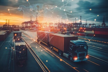 Poster - Global logistics  import export of cargo containers and freight ships at an industrial port network