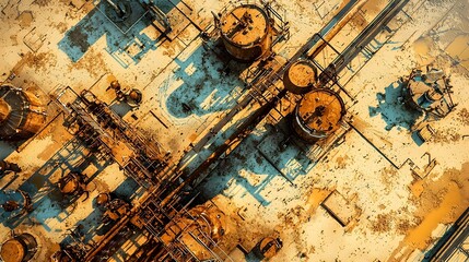 Poster - Aerial perspective of a remote desert pump station in a rugged landscape