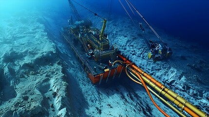 Poster - Aerial perspective of a specialized marine vessel laying an underwater pipeline across the deep ocean floor as part of an offshore energy or infrastructure project