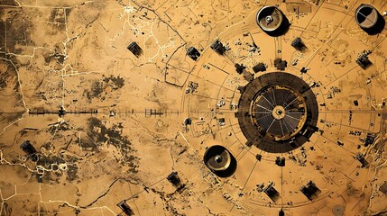 Fototapete - Aerial satellite image showcasing the vast and intricate missile defense grid system deployed along a national border with key radar towers command facilities