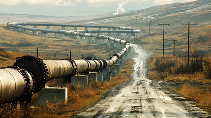 Poster - Aerial view of a complex oil pipeline junction where multiple pipelines from different regions merge with intricate valve systems and other industrial equipment visible in a rugged rural landscape