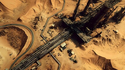 Poster - aerial view of a remote desert pump station facility part of an extensive oil pipeline network trans