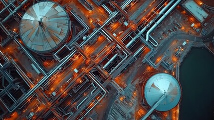 Poster - Aerial view showcasing the complex network of interconnected oil storage tanks and pipelines within a coastal refinery terminal facility a critical hub for energy production and transportation