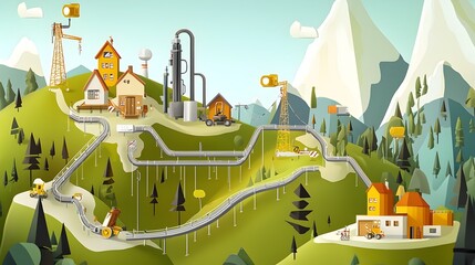 Poster - Aerial view showcasing the intricate network of a cross border oil pipeline winding through a mountainous landscape highlighting the engineering infrastructure