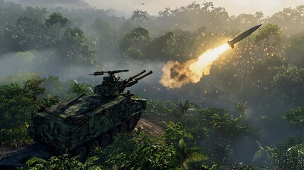 Poster - Anti missile artillery system launching projectiles to intercept a low flying cruise missile above a dense forested landscape