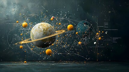Poster - Captivating digital depicting the disruption of cosmic alignments with magnets pulling stars and celestial objects toward a central planetary sphere creating a surreal and futuristic space scene