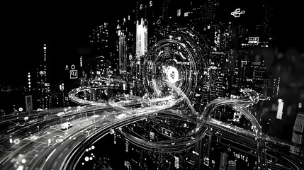 Aufkleber - Chaotic Metropolis Illuminating Highways Intersecting in Futuristic Nightscape with Skyscrapers Traffic Flow and Dynamic Energy of a Modern City
