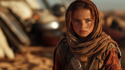 A young person stands in a harsh desert with a broken vehicle behind them. Their protective clothing suggests resilience and toughness in a bleak environment.