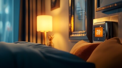 Aufkleber - Close up view of a smart thermostat installed in a contemporary guestroom highlighting its temperature control and lighting automation capabilities for a comfortable and efficient guest experience
