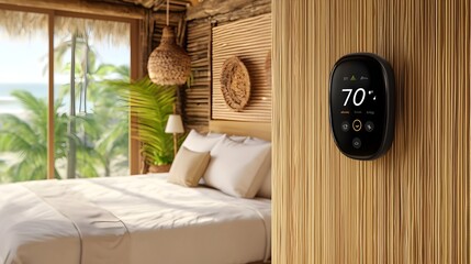 Aufkleber - Closeup view of a smart thermostat installed in a cozy and modern guestroom showcasing its temperature control and lighting automation features for optimal comfort and energy efficiency